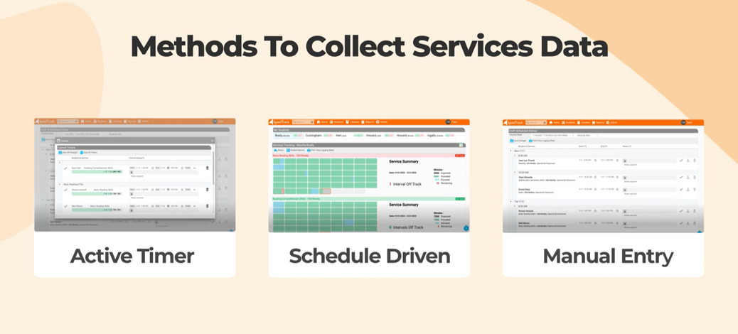 Overview of different methods for collecting services data: active timer, schedule driven, and manual entry.