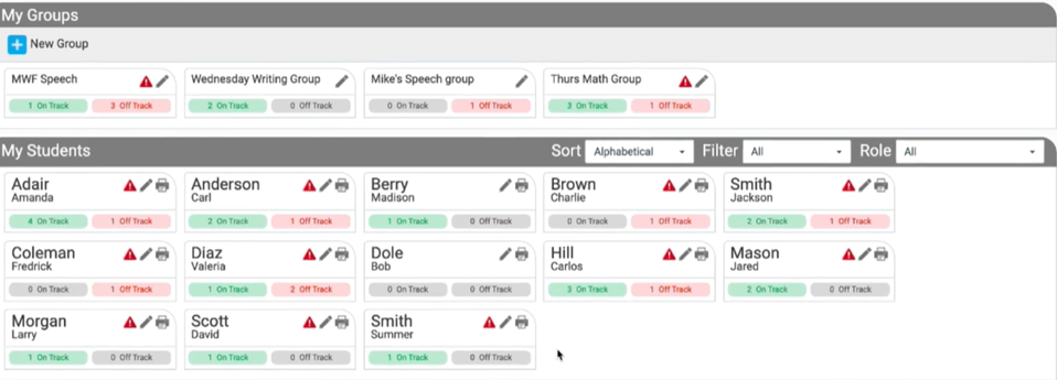 Interface of a student management system displaying a list of students divided into various groups with icons indicating their progress and activity.