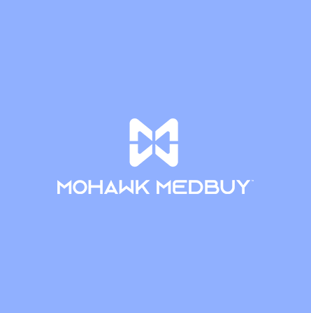 Logo of mohawk medbuy against a blue background.
