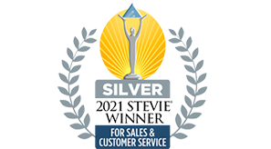 Award emblem for "silver stevie winner for sales & customer service.