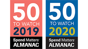 Logos for "50 to watch 2019" and "50 to watch 2020" by spend matters almanac.