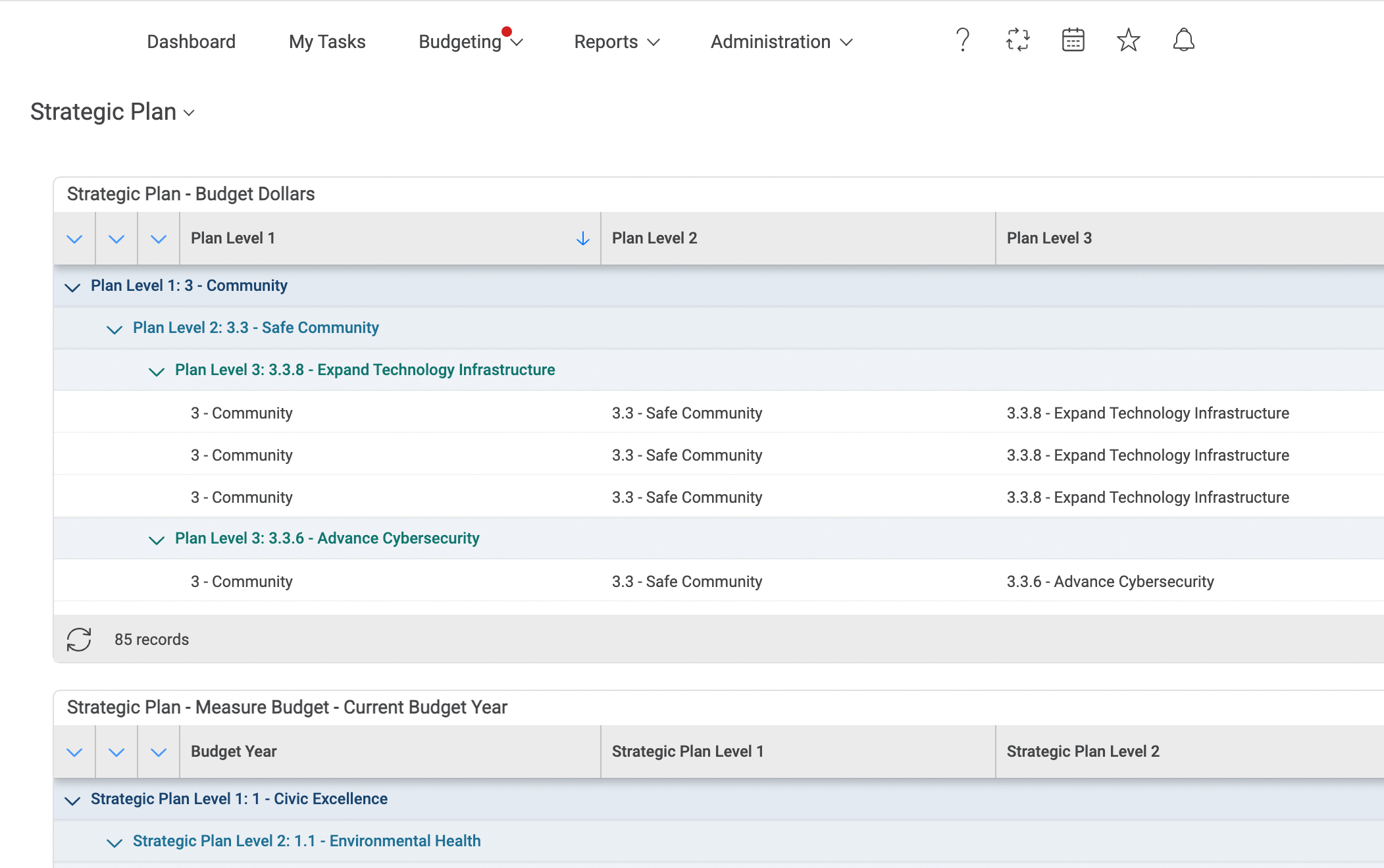 Screenshot of a project management software interface showing a strategic plan budget with various levels of detail expanded.