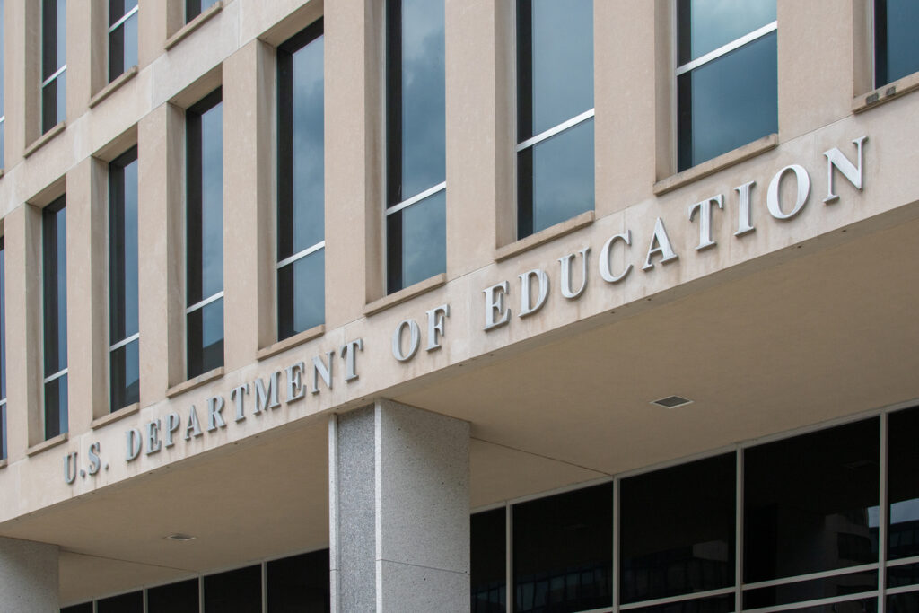 Facade of the u.s. department of education building with sign.