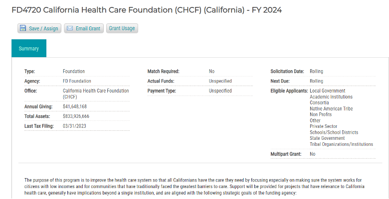 Screenshot of the California Health Care Foundation grant in Euna Grants.