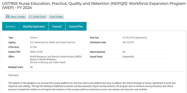 Screenshot of the NEQPR Workforce Expansion Program in Euna Grants.