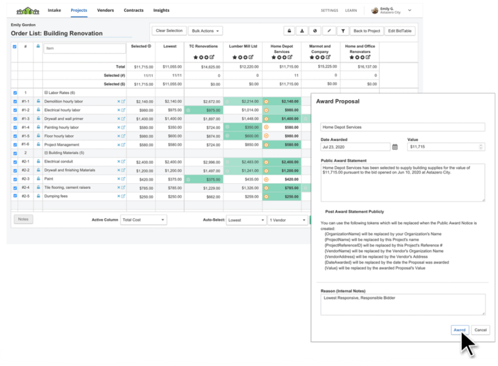 Collection and tabulation in Euna Procurement