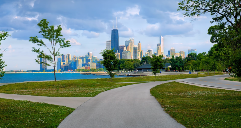 park with a city in the background