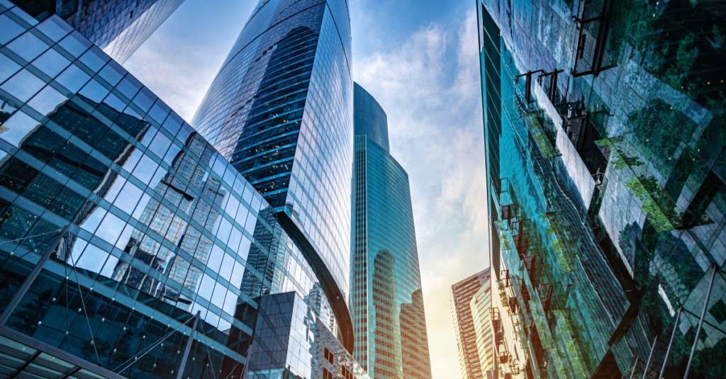 view of city buildings from below