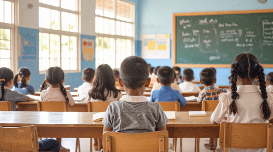 a group of elementary school students sitting in a classroom
